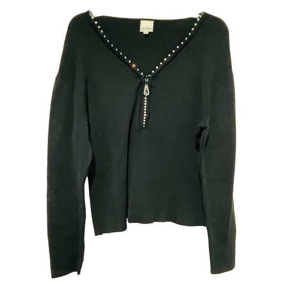 von saken black sweater top large rhinestone embellished V Neck 1/2 Zip - Picture 2 of 5